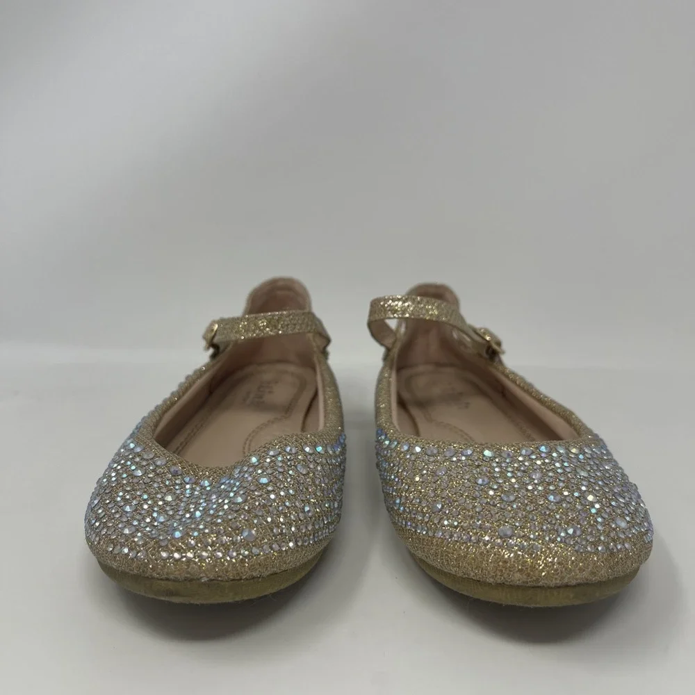 Girls Size 1 Gold Rhinestone‎ Encrusted Glittery Mary Jane Flat Dress Shoes